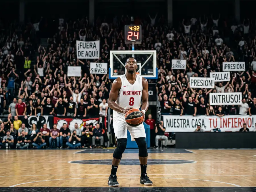 Jugador de baloncesto NBA del equipo visitante ejecutando un tiro libre ante el público rival