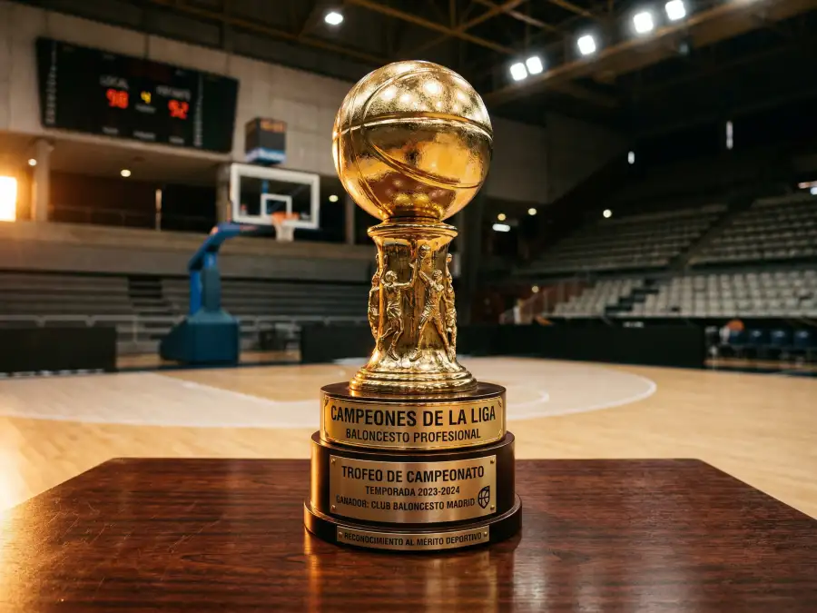 Trofeo Larry O'Brien de campeón de la NBA sobre una mesa con fondo de cancha de baloncesto