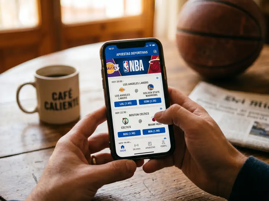Persona usando un teléfono móvil con una aplicación de apuestas NBA abierta en la pantalla