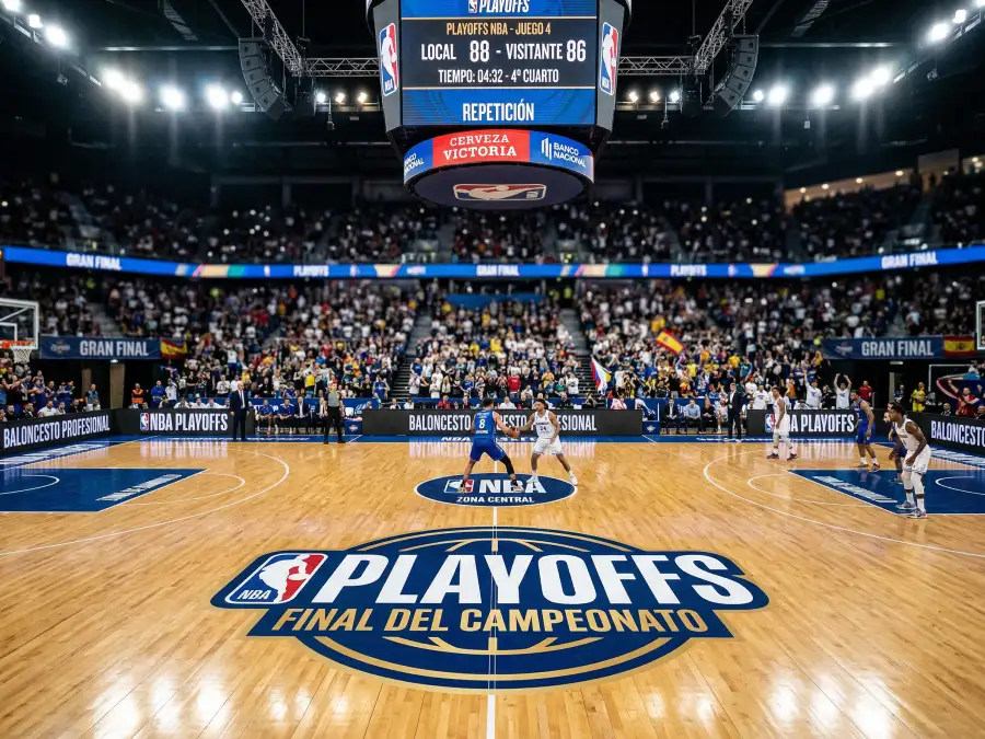 Cancha de baloncesto NBA preparada para un partido de playoffs con iluminación intensa