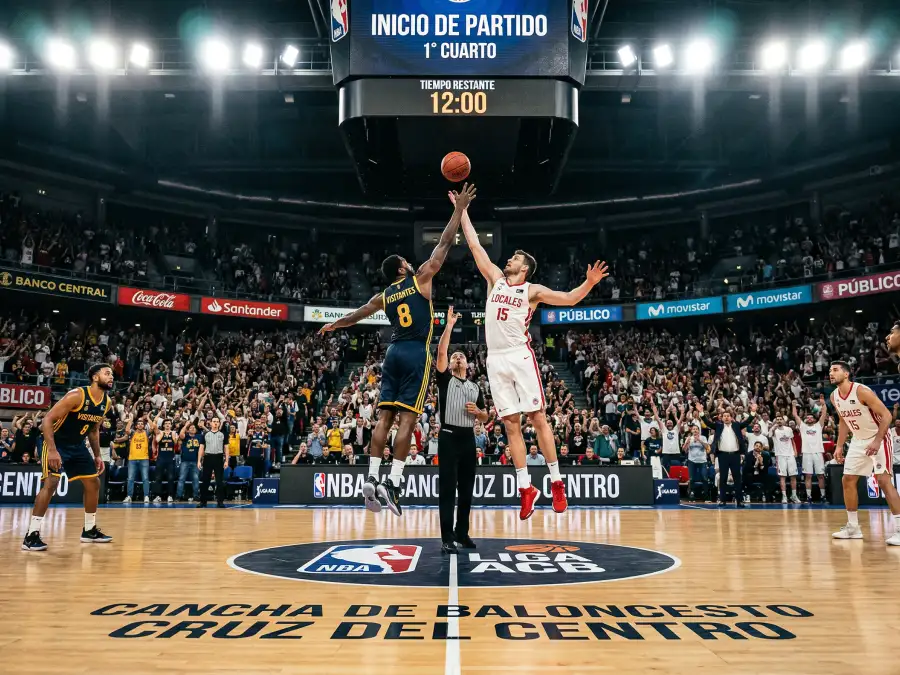 Cancha de baloncesto NBA durante el salto inicial del primer cuarto de un partido