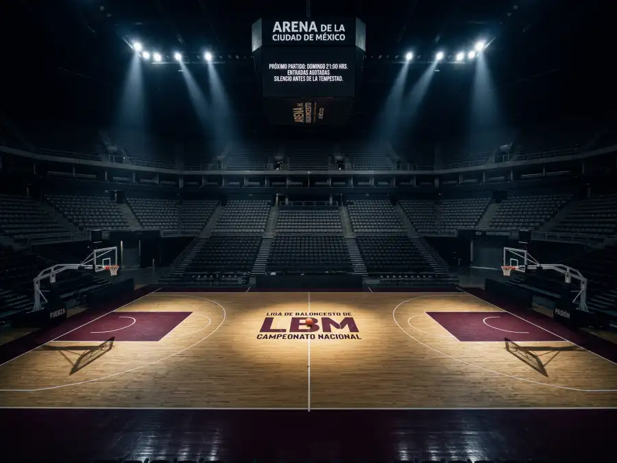 Cancha de baloncesto NBA vacía con un balón en el centro reflejando cuestiones de integridad deportiva