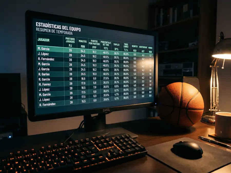 Estadísticas avanzadas NBA para apuestas: pantalla de ordenador con métricas de baloncesto