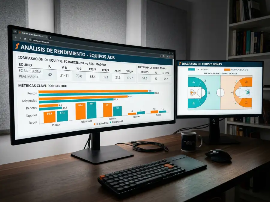 Pantalla de ordenador mostrando estadísticas avanzadas NBA con Net Rating y Pace Factor