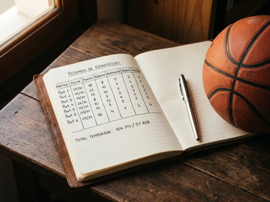Gestión de bankroll en apuestas NBA: libreta de registro junto a un balón de baloncesto