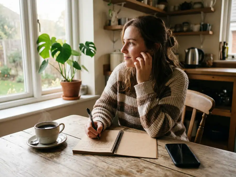 Persona reflexionando frente a una mesa con un teléfono móvil y un cuaderno sobre apuestas responsables