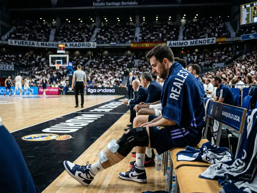 Jugador de baloncesto NBA sentado en el banquillo con una rodillera y hielo en la pierna
