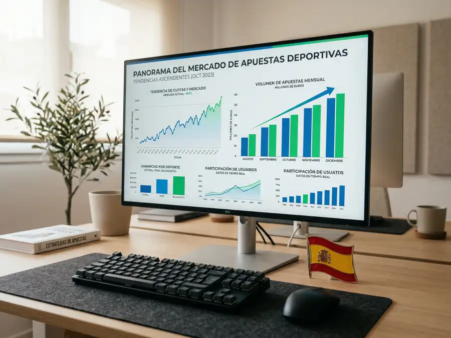 Pantalla de ordenador mostrando gráficos de crecimiento del mercado de apuestas deportivas en España