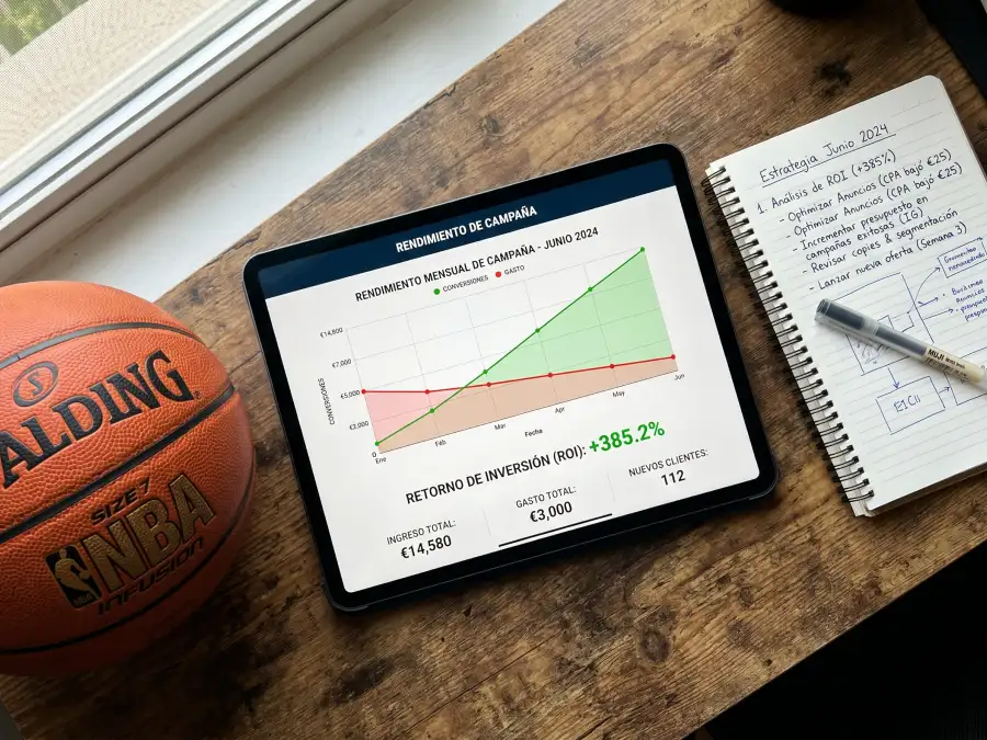 Análisis de estadísticas y pronósticos NBA en una pantalla con gráficos de rendimiento