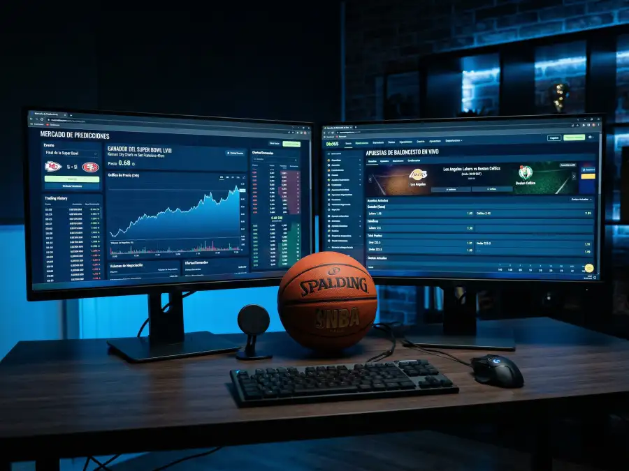 Pantalla dividida mostrando una plataforma de mercado de predicción y una casa de apuestas NBA