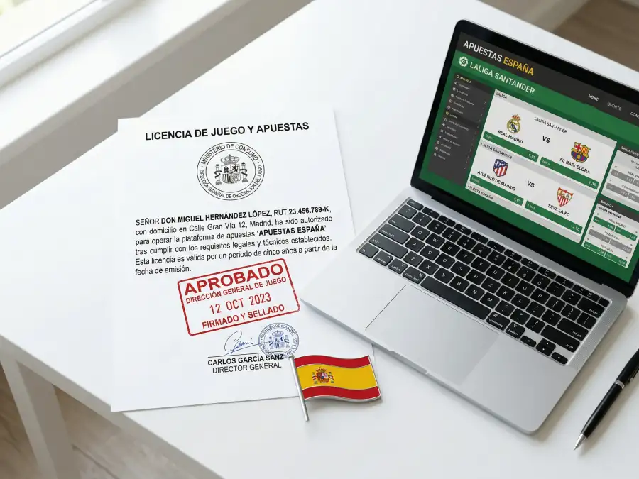 Documento oficial con el sello de la DGOJ junto a un portátil mostrando una casa de apuestas
